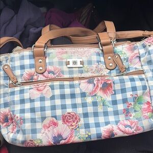 Floral Checkered Tote Bag with Tan Accents